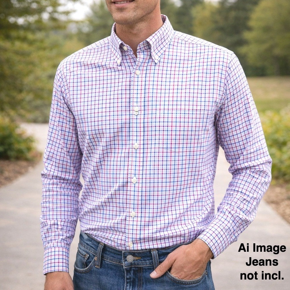 Peter Millar Nanoluxe‎ Easy Care Shirt Men XL Blue Pink Check Cotton Golf Crisp